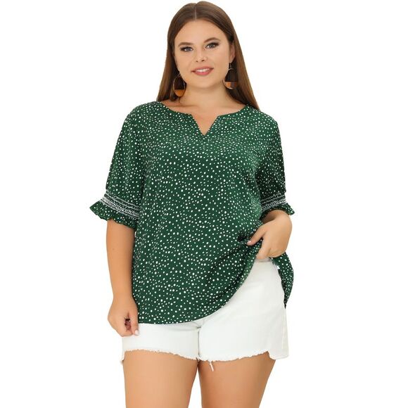 Plus Size Top for Women Pin Dots Boho Smocked Short Sleeves Blouses Green - Picture 3 of 6